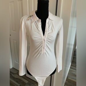 Zara Cotton open V neck body suit with button and collar